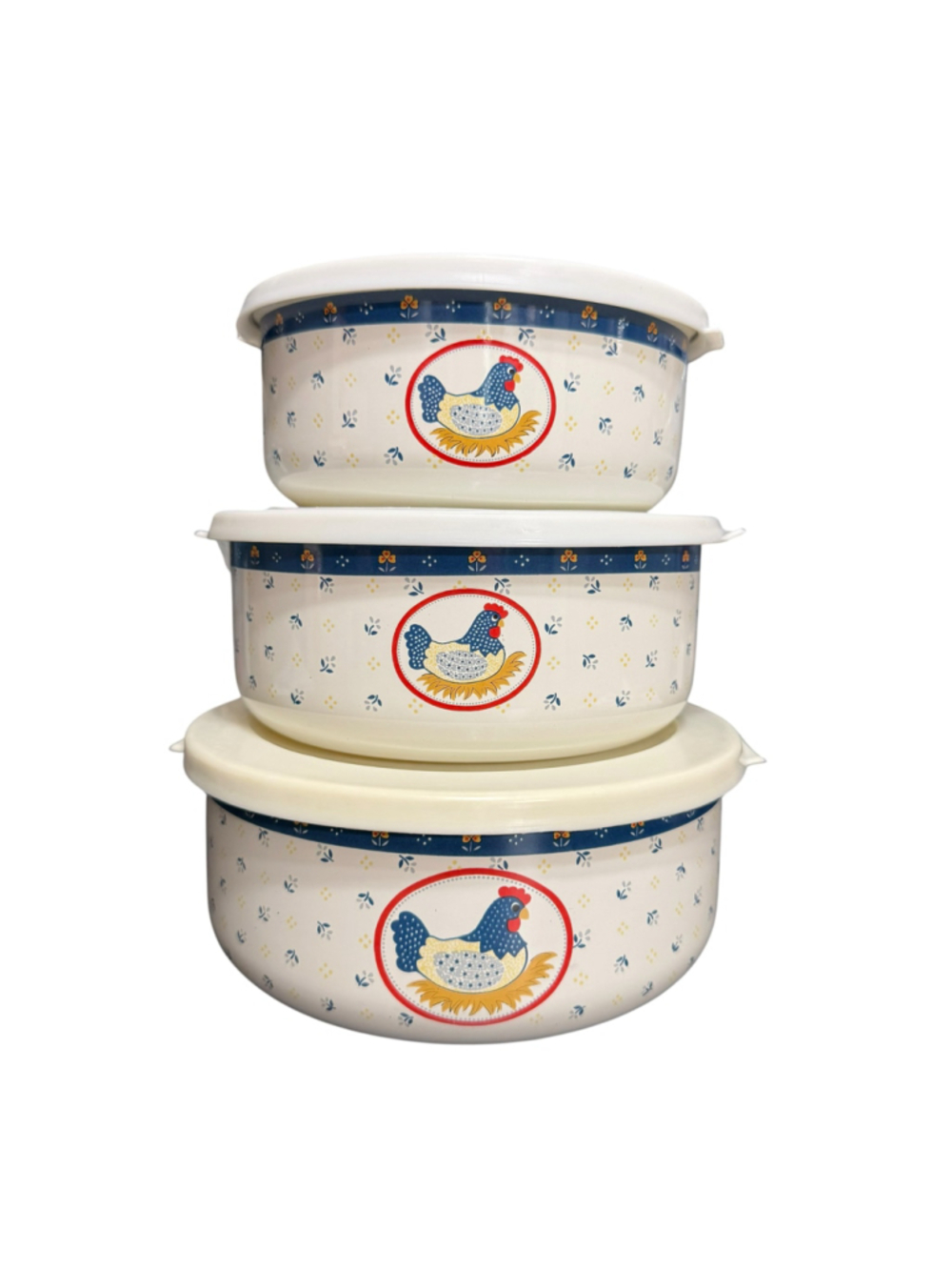 Vintage Metal Nesting Bowls w Lids Chicken Hen Country Kitchen Set of 3